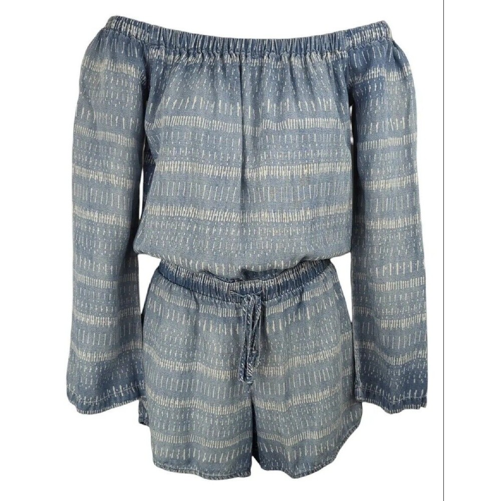 Cloth & Stone Anthropologie Striped Chambray Romper Soft Tencel Off Shoulder XS